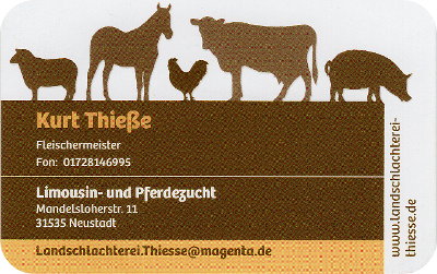 Visitenkarte: Kurt Thieße - Fleischermeister - Limousin- und Pferdezucht